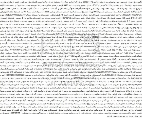 آگهی مزایده میزان 1/5 (یک و نیم) دانگ مشاع از ششدانگ یک دستگاه آپارتمان مسکونی قطعه 4 تفکیکی