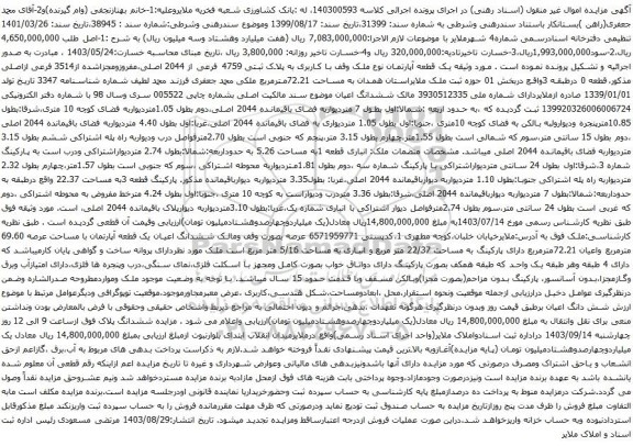 آگهی مزایده یک قطعه آپارتمان نوع ملک وقف با کاربری به پلاک ثبتی 4759 فرعی از 2044 اصلی