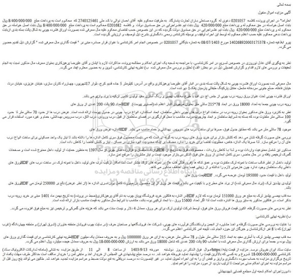 مزایده فروش تعداد 90 پالت 200 عددی از ورق های HDF رویه درب چوبی