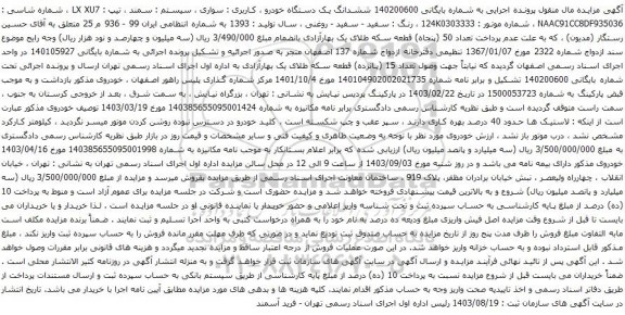 آگهی مزایده ششدانگ یک دستگاه خودرو ، کاربری : سواری ، سیستم : سمند ، تیپ : LX XU7