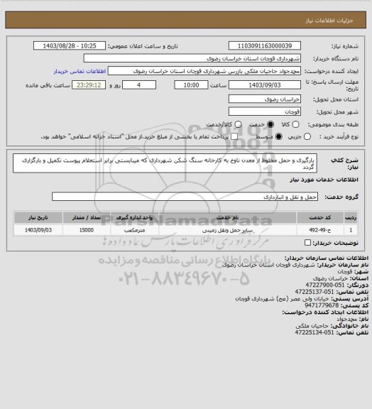 استعلام بارگیری و حمل مخلوط از معدن ناوخ به کارخانه سنگ شکن شهرداری که میبایستی برابر استعلام پیوست تکمیل و بارگزاری گردد