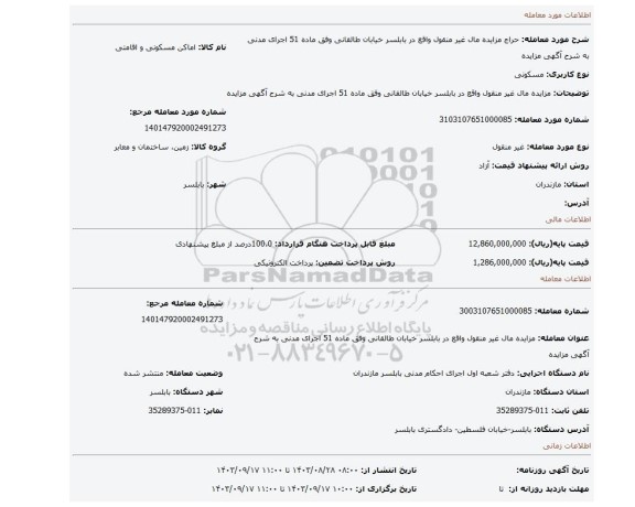 مزایده، مزایده مال غیر منقول واقع در بابلسر خیابان طالقانی وفق ماده 51  اجرای مدنی به شرح آگهی مزایده