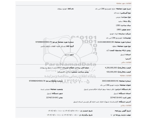 مزایده، خودرو پژو 206 اس دی