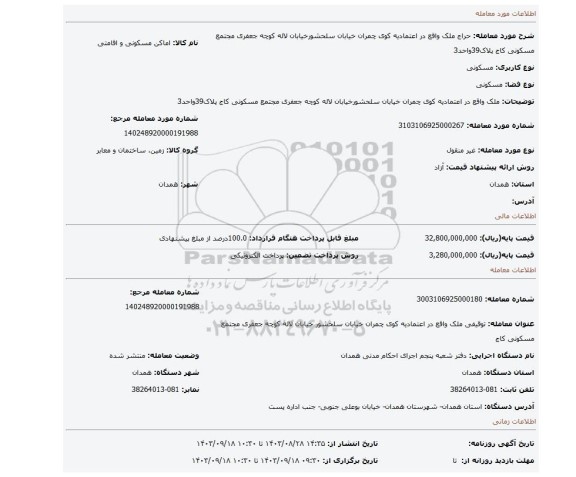 مزایده، ملک واقع در اعتمادیه کوی چمران خیابان سلحشورخیابان لاله کوچه جعفری مجتمع مسکونی کاج پلاک39واحد3