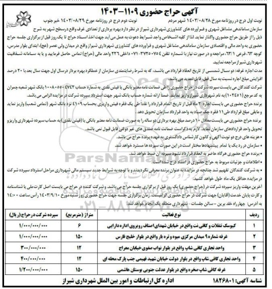حراج حضوری بهره برداری از تعدادی غرف  نوبت دوم 