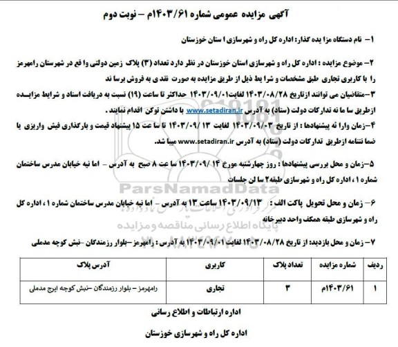 مزایده فروش تعداد 3 پلاک زمین دولتی