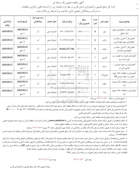 مناقصه عمومی کنترل سیلاب و آبخوانداری حوزه تنگ شاهان...