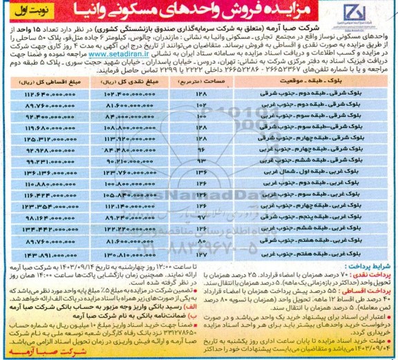 آگهی مزایده فروش واحدهای مسکونی وانیا