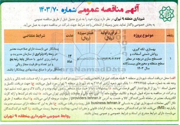 مناقصه بهسازی ، لکه گیری ،؛ روکش دستی آسفالت و همسطح سازی دریچه در معابر سطح منطقه
