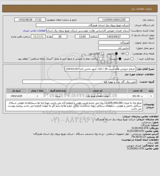 استعلام اصلاح خروجی های پست 20 / 132 شهر حاجی آباد-220331207