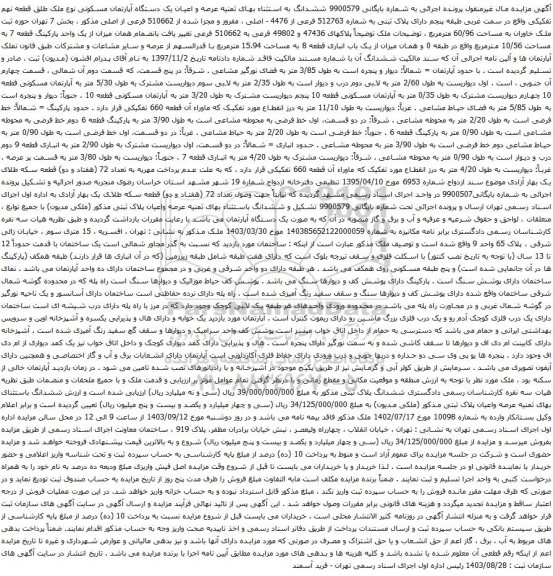 آگهی مزایده عرصه و اعیان یک دستگاه آپارتمان مسکونی نوع ملک طلق قطعه نهم تفکیکی