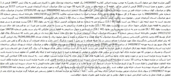 آگهی مزایده یک قطعه ساختمان نوع ملک طلق با کاربری مسکونی به پلاک ثبتی 18457 فرعی از 1 اصلی