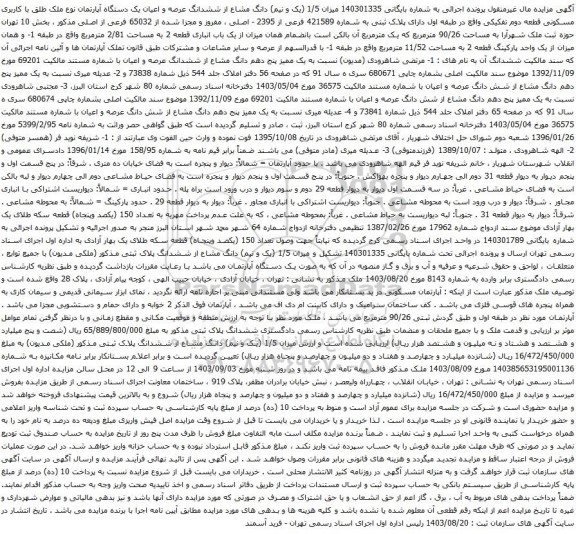 آگهی مزایده میزان 1/5 (یک و نیم) دانگ مشاع از ششدانگ عرصه و اعیان یک دستگاه آپارتمان نوع ملک طلق با کاربری مسکونی قطعه دوم تفکیکی
