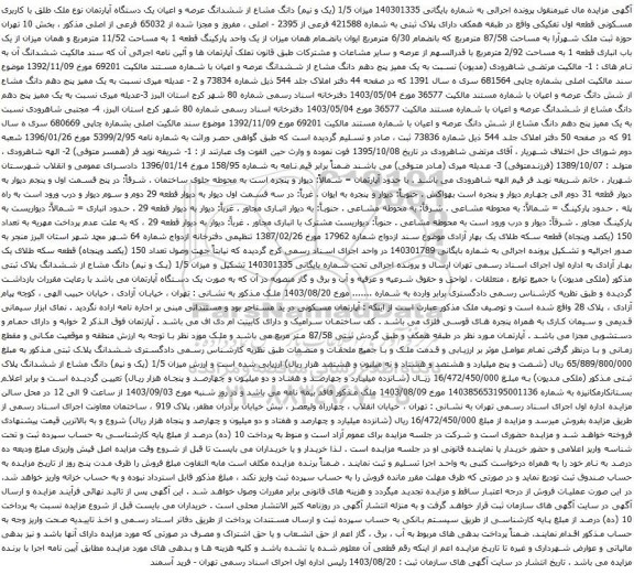 آگهی مزایده دانگ مشاع از ششدانگ عرصه و اعیان یک دستگاه آپارتمان نوع ملک طلق با کاربری مسکونی قطعه اول تفکیکی