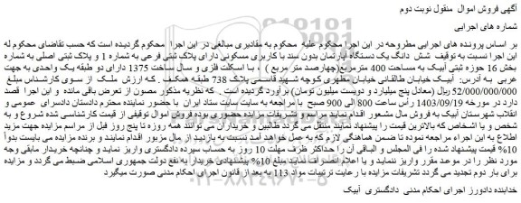 مزایده شش  دانگ یک دستگاه آپارتمان بدون سند با کاربری مسکونی دارای پلاک ثبتی فرعی به شماره 1 