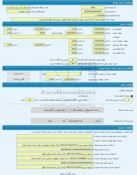 مزایده ، فروش تعداد 11 پلاک زمین دولتی با کاربری تجاری واقع در شهرستان اهواز (کیانشهر ) -مزایده زمین - استان خوزستان