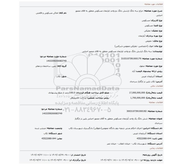 مزایده، سه دانگ ازشش دانگ دو واحد اپارتمان مسکونی متعلق به اقای منصور احبابی