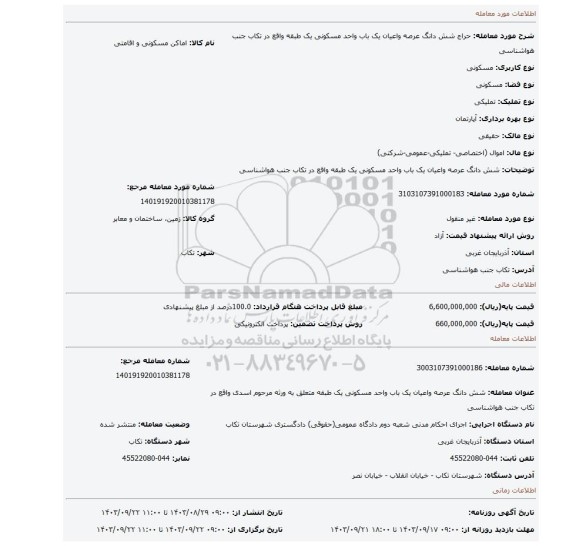 مزایده، شش دانگ عرصه واعیان یک باب واحد مسکونی یک طبقه واقع در تکاب جنب هواشناسی