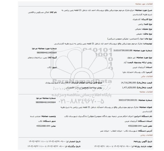 مزایده، ماترک مرحوم محمدشرقی واقع درروستای احمد اباد شامل 21 قطعه زمین زراعی به شرح نظریه کارشناسی