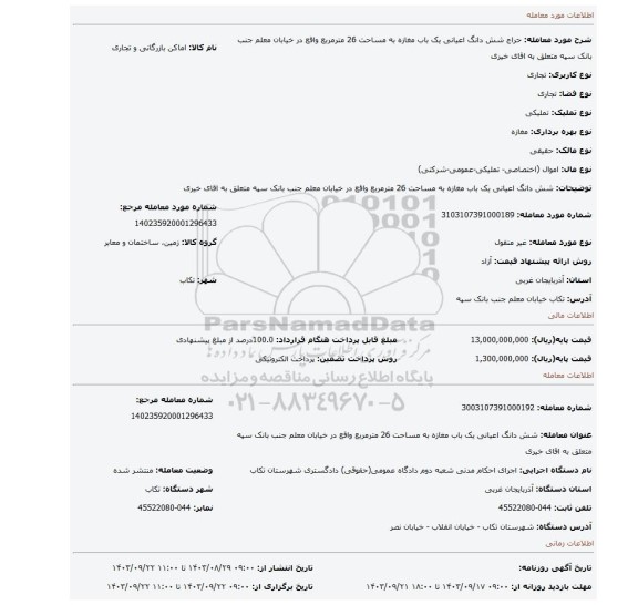 مزایده، شش دانگ اعیانی یک باب مغازه به مساحت 26 مترمربع  واقع در خیابان معلم جنب بانک سپه متعلق به اقای خیری