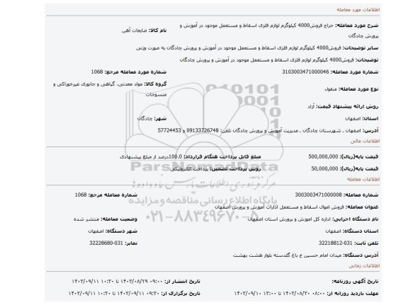 مزایده، فروش4000 کیلوگرم لوازم فلزی اسقاط و مستعمل موجود در آموزش و پرورش چادگان