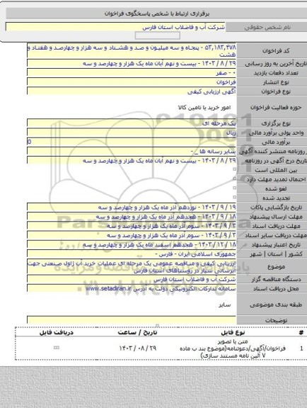 مناقصه, ارزیابی کیفی و مناقصه عمومی یک مرحله ای  عملیات خرید آب ژاول صنعتی جهت آبرسانی سیار در روستاهای  استان فارس