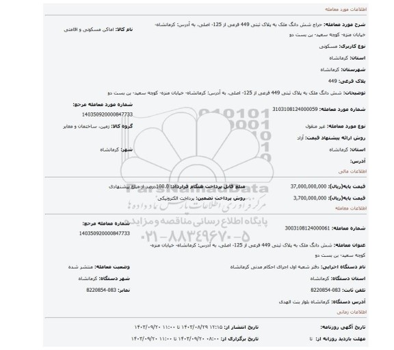 مزایده، شش دانگ ملک به پلاک ثبتی 449 فرعی از 125- اصلی، به آدرس: کرمانشاه- خیابان منزه- کوچه سعید- بن بست دو