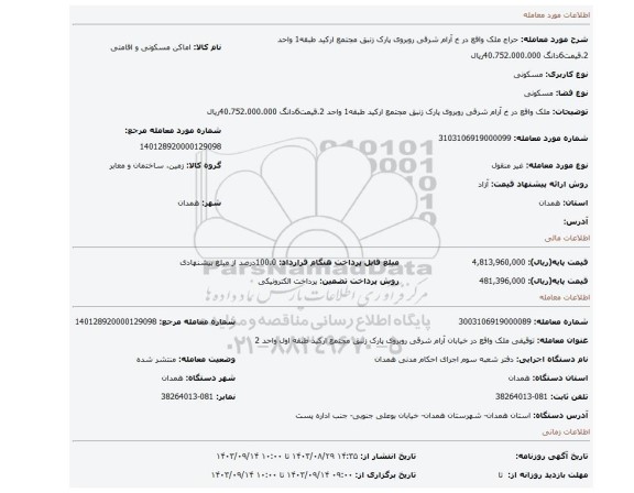 مزایده، ملک واقع در خ آرام شرقی روبروی پارک زنبق مجتمع ارکید طبقه1 واحد 2.قیمت6دانگ 40.752.000.000ریال