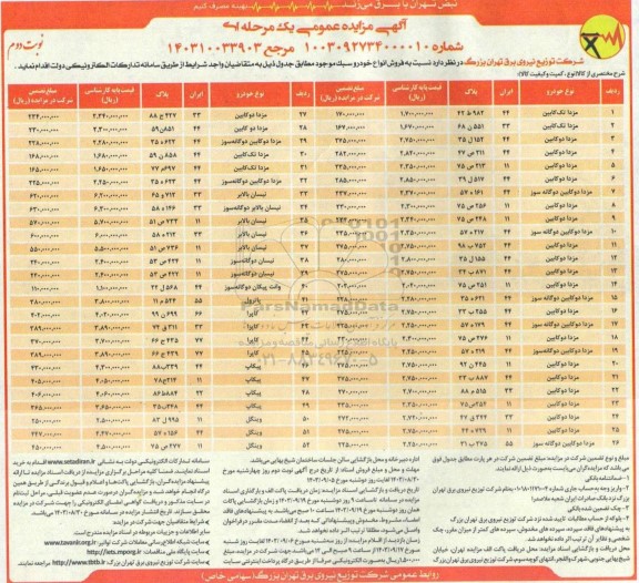 مزایده فروش انواع خودرو سبک - نوبت دوم