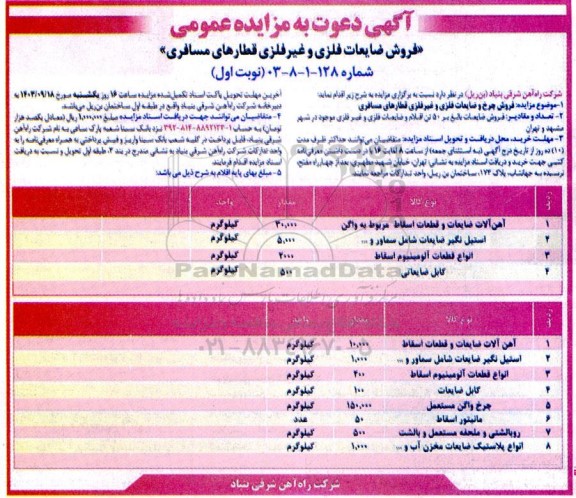مزایده فروش ضایعات فلزی و غیر فلزی قطارهای مسافری
