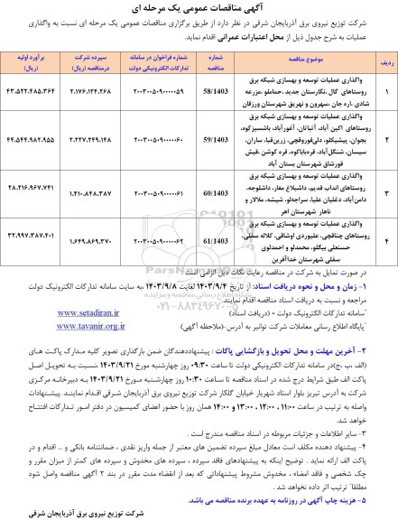 مناقصه واگذاری عملیات توسعه و بهسازی شبکه برق روستاهای