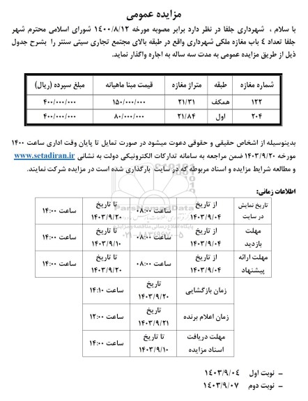 مزایده واگذاری تعداد 4 باب مغازه ملکی