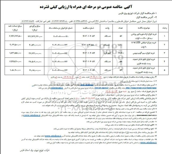 مناقصه خرید انواع ترانسفورماتور روغنی سه فاز 400/ 20000 ولت و ...