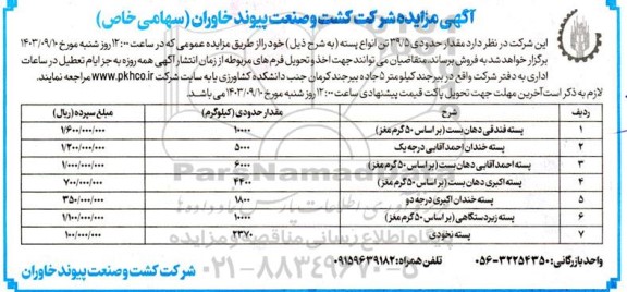 مزایده مقدار حدودی  39.5 تن انواع پسته
