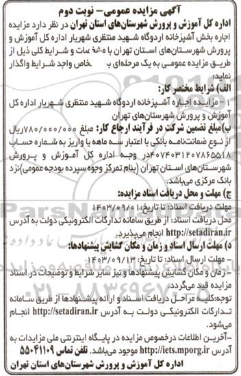 مزایده اجاره بخش آشپزخانه اردوگاه شهید منتظری - نوبت دوم