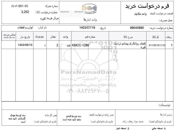 استعلام کفشک روانکاری پیشانی تراست کوره