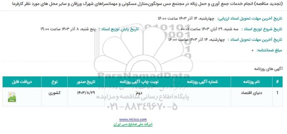 تجدید مناقصه  انجام خدمات جمع آوری و حمل زباله در مجتمع ...