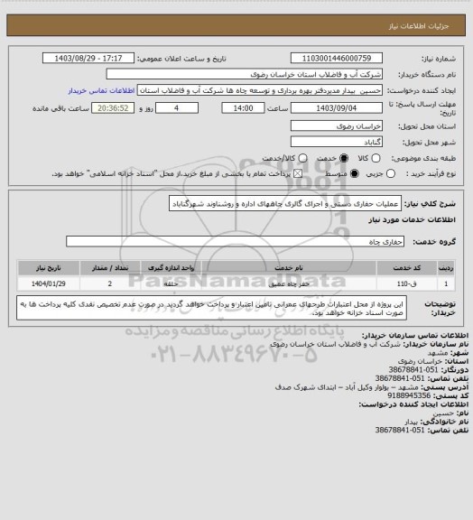 استعلام عملیات حفاری دستی و اجرای گالری  چاههای اداره و روشناوند شهرگناباد