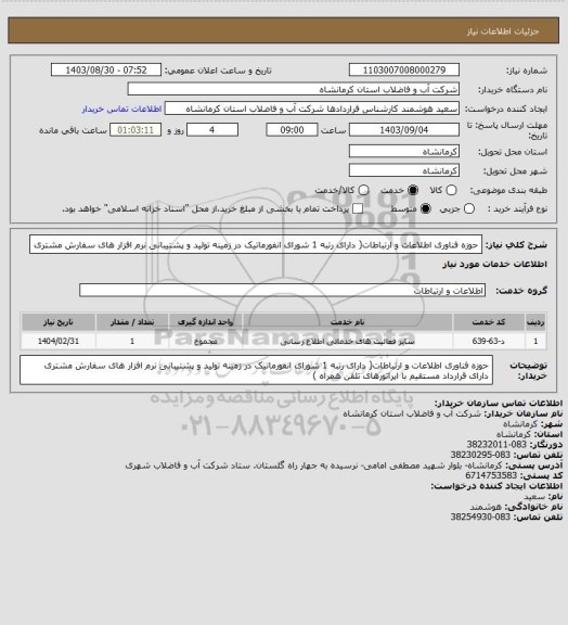استعلام حوزه فناوری اطلاعات و ارتباطات( دارای رتبه 1 شورای انفورماتیک در زمینه تولید و پشتیبانی نرم افزار های سفارش مشتری