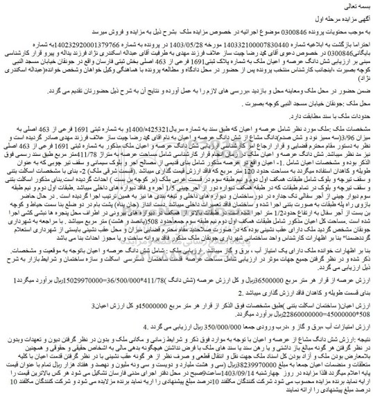 مزایده شماره ثبتی 1691 فرعی از 463 اصلی به میزان 3/96
