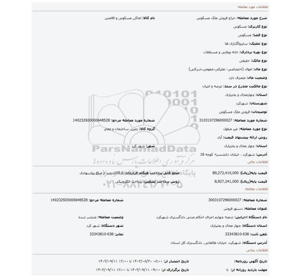 مزایده، فروش ملک مسکونی