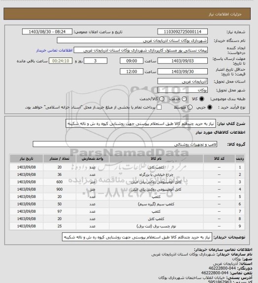 استعلام نیاز به حرید چندقلم کالا طبق استعلام پیوستی جهت روشنایی کیوه ره ش و ناله شکینه