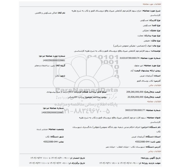 مزایده، سهم الارثمرحوم کتابعلی عبیری واقع درروستای قجور و تکاب به شرح نظریه کارشناسی