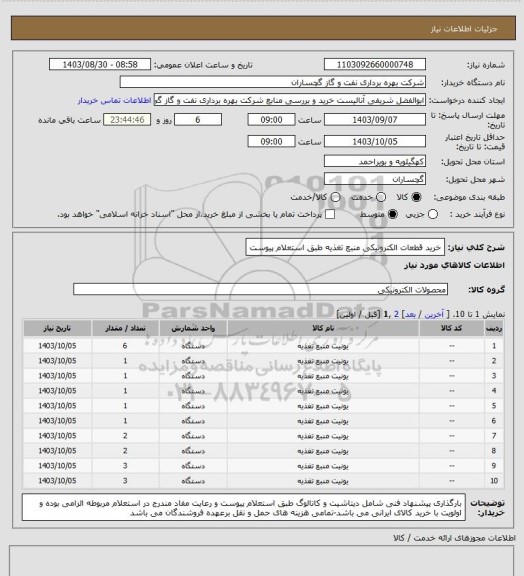 استعلام خرید قطعات الکترونیکی منبع تغذیه طبق استعلام پیوست