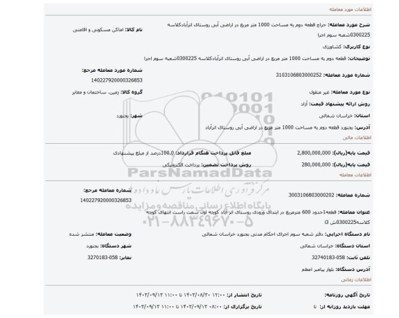 مزایده،  قطعه دوم به مساحت 1000 متر مربع در اراضی آبی روستای اترآبادکلاسه 0300225شعبه سوم اجرا