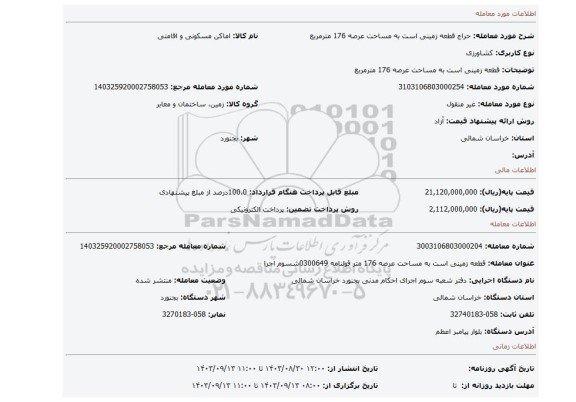 مزایده، قطعه زمینی است به مساحت عرصه 176 مترمربع