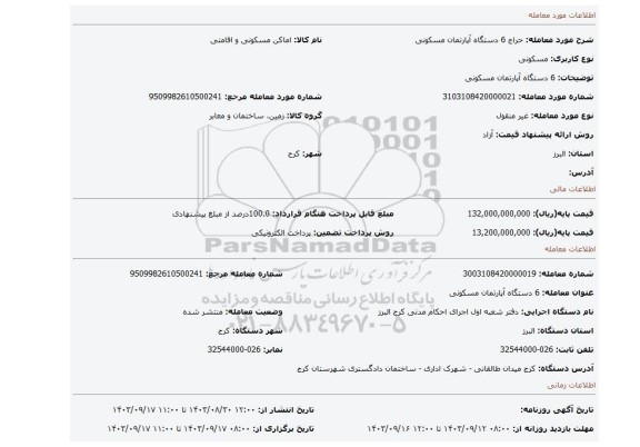 مزایده، 6 دستگاه آپارتمان مسکونی