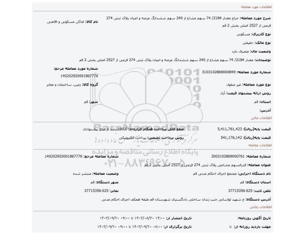 مزایده، مقدار 2184/ 74 سهم مشاع از 240 سهم ششدانگ عرصه و اعیان پلاک ثبتی 274 فرعی از 2527 اصلی بخش 2 قم