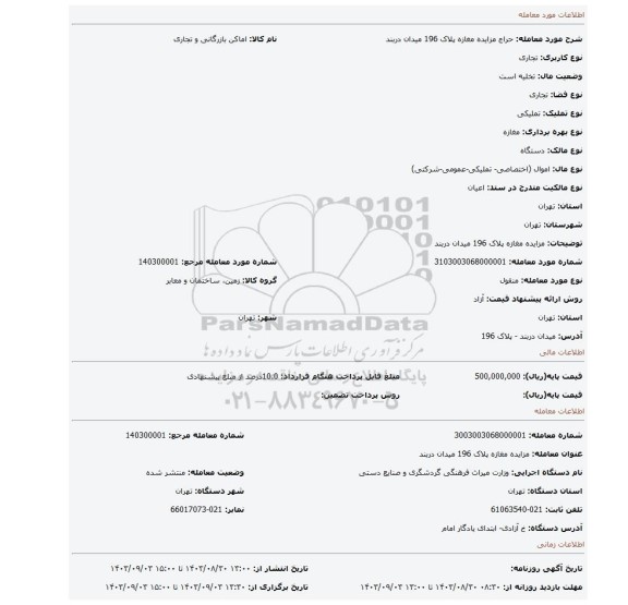 مزایده، مزایده مغازه پلاک 196 میدان دربند