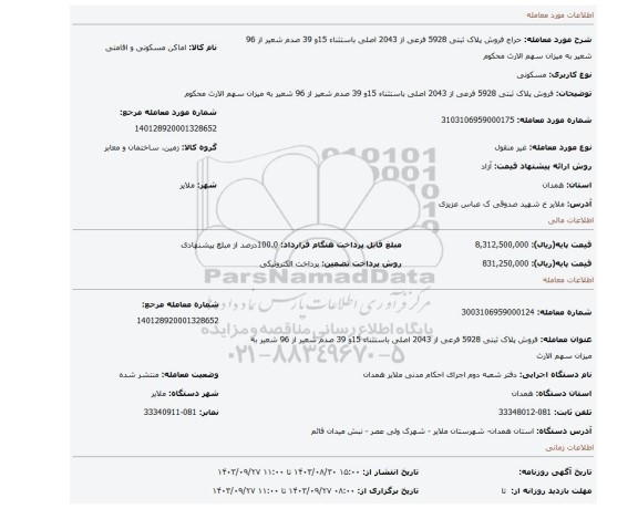 مزایده، فروش پلاک ثبتی 5928 فرعی از 2043 اصلی باستثناء 15و 39 صدم شعیر از 96 شعیر به میزان سهم الارث محکوم